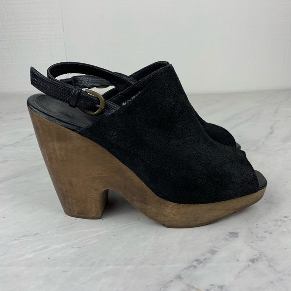 Rachel Comey Shoes - Rachel Comey Black Suede Peep Toe Wood Sandals